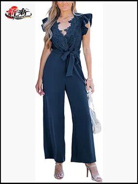 100% Polyester Lace Maxi Jumpsuit with V-Neck and Pockets